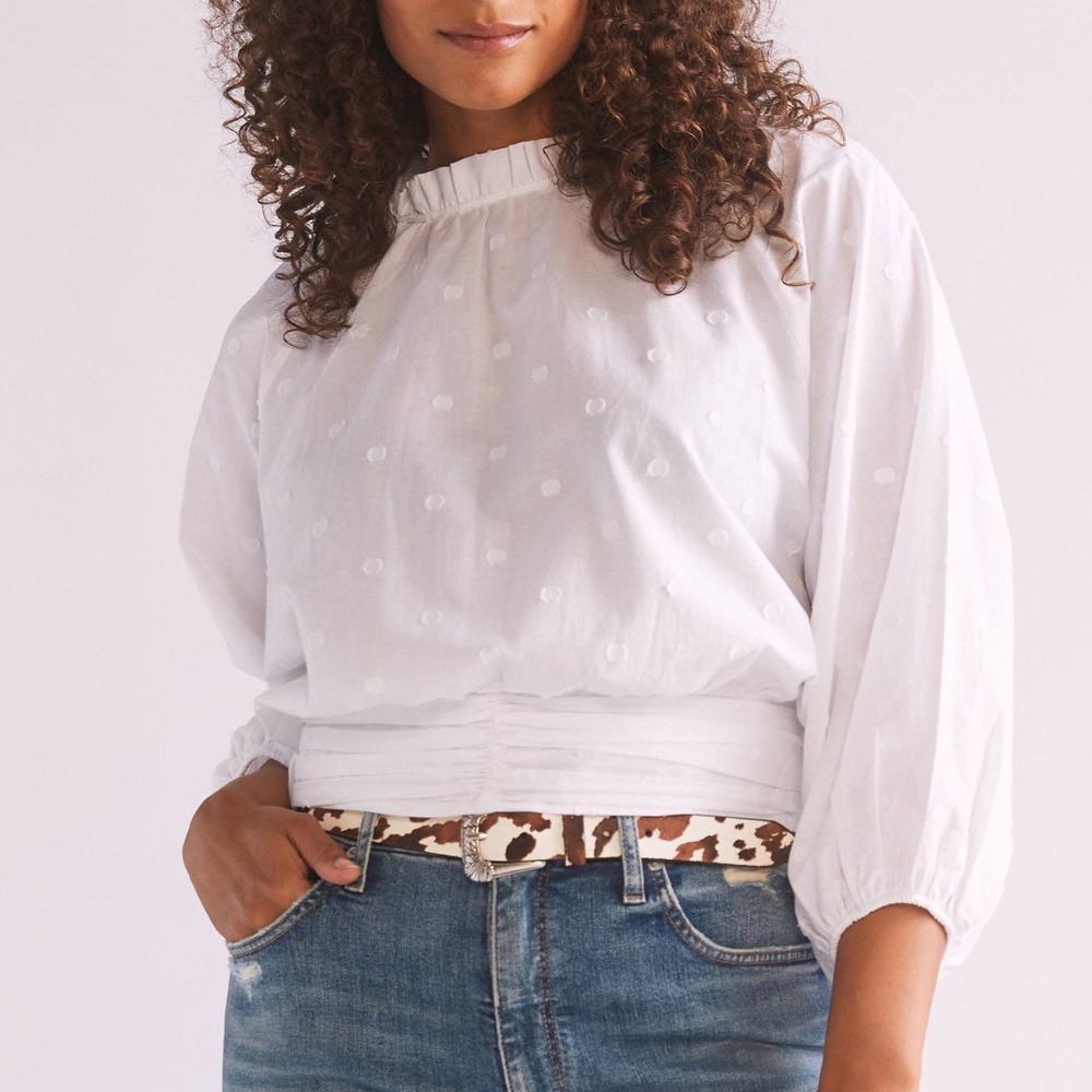 Maeve Anthropologie White Clip Dot Blouse Women 14 Smocked Back Cropped Raglan